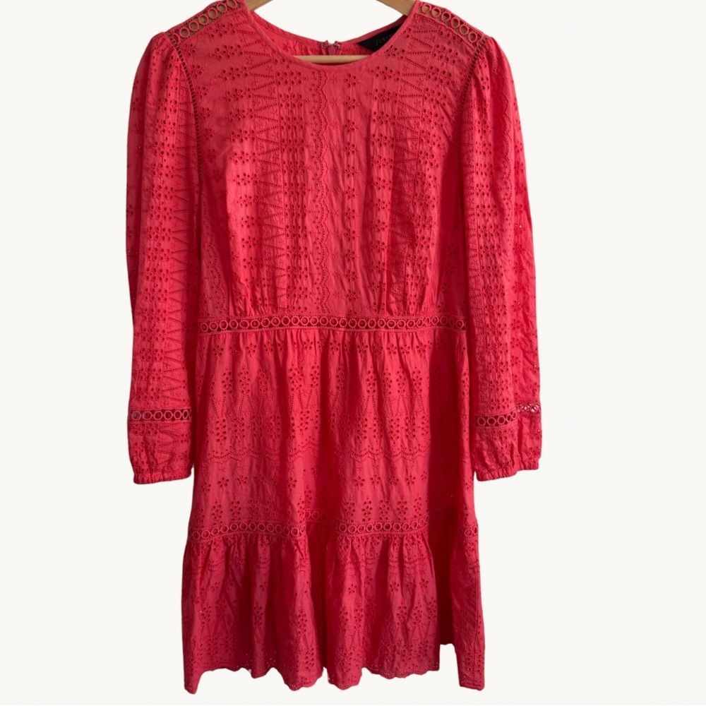 J.Crew Pink Eyelet Dress Womens Size 6 Flutter Hem Lace Detail Long Sleeve